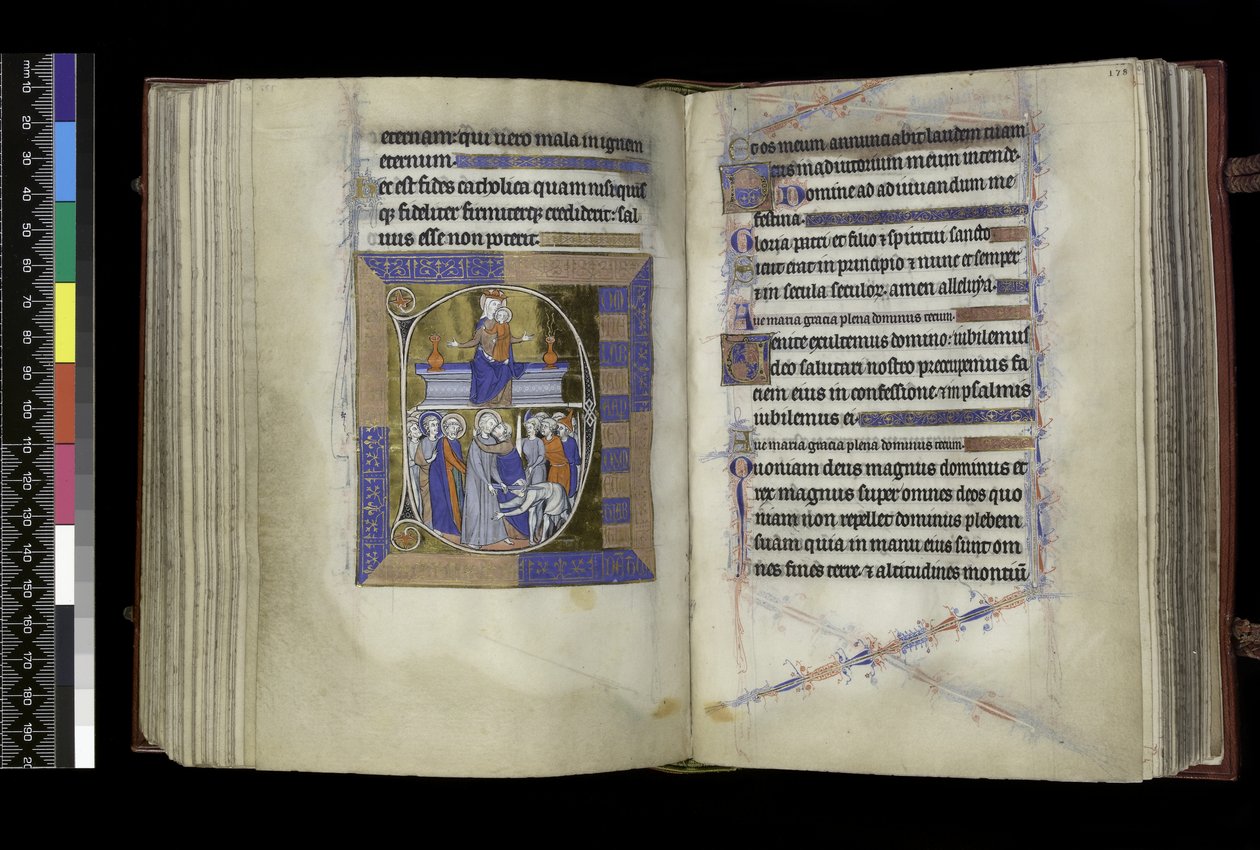 MS 300 f.177v-178r, Matins, Virgin ve Child, bankta iki vazo arasında oturuyor (üstte); İsa