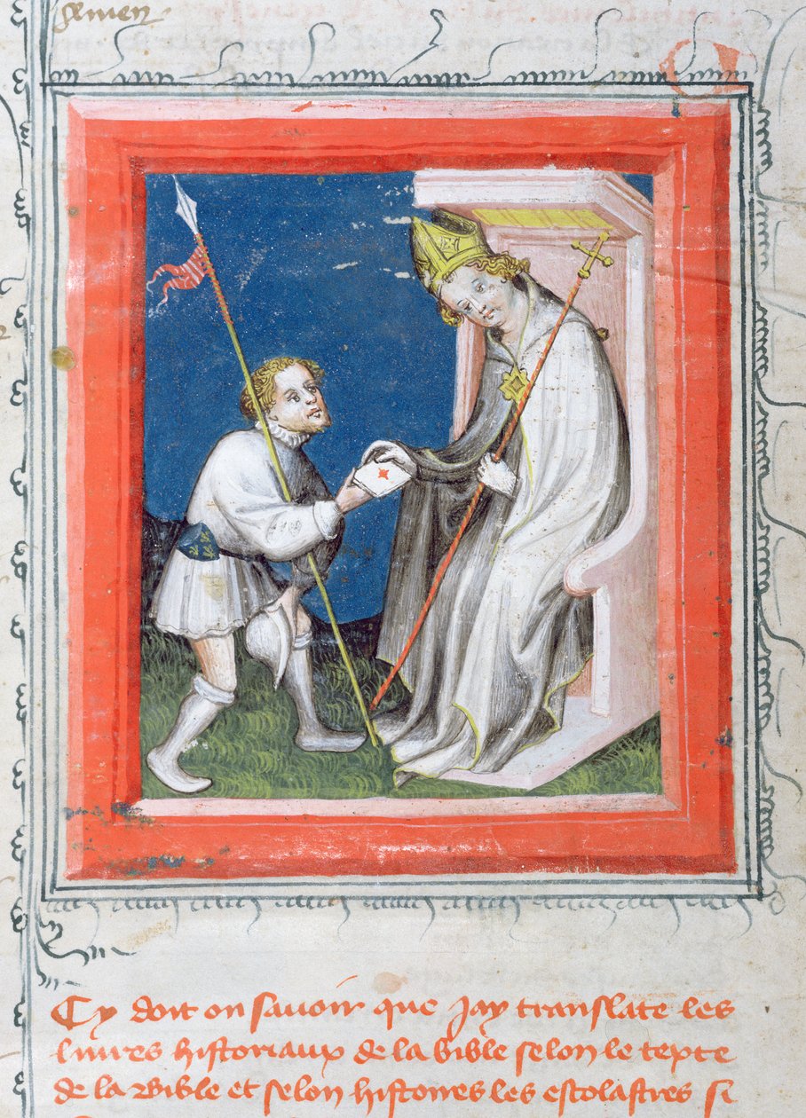 MS 313 Messenger, Fransa kralından bir piskoposa bir mektup veriyor, İncil de Guiart des Moulins'den minyatür by French School