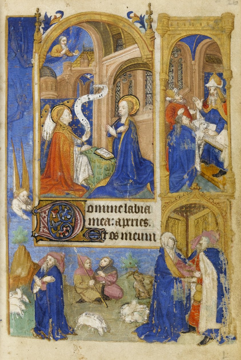 MS 39-1950 f.26r Çobanlara Müjde ve Müjde, 1464 (parşömen üzerine altın, gümüş ve renkli mürekkep) by French School