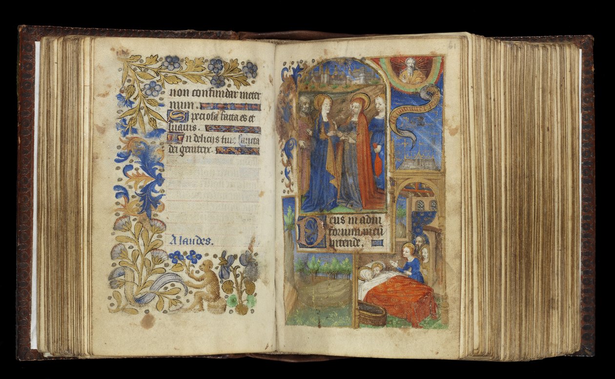 MS 39-1950 f.60v-61r The Visitation (parşömen üzerine altın, gümüş ve renkli mürekkep) by French School