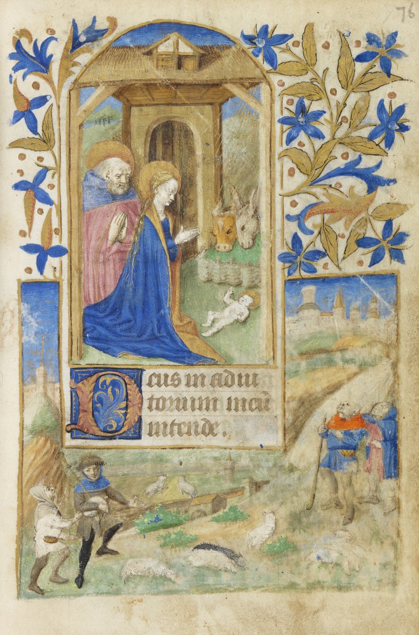 MS 39-1950 f.76r The Nativity, 1464 (parşömen üzerine altın gümüş ve renkli mürekkep) by French School