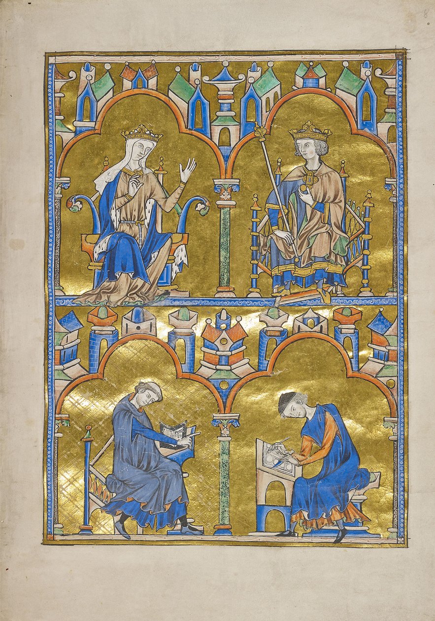 MS M.240 f.8r, Kastilyalı Blanche ve Fransa Kralı IX.Louis ve altı: Bir Yazıcıya Dikte Eden Yazar, Saint Louis İncili (Ahlaki İncil), muhtemelen Paris by French School