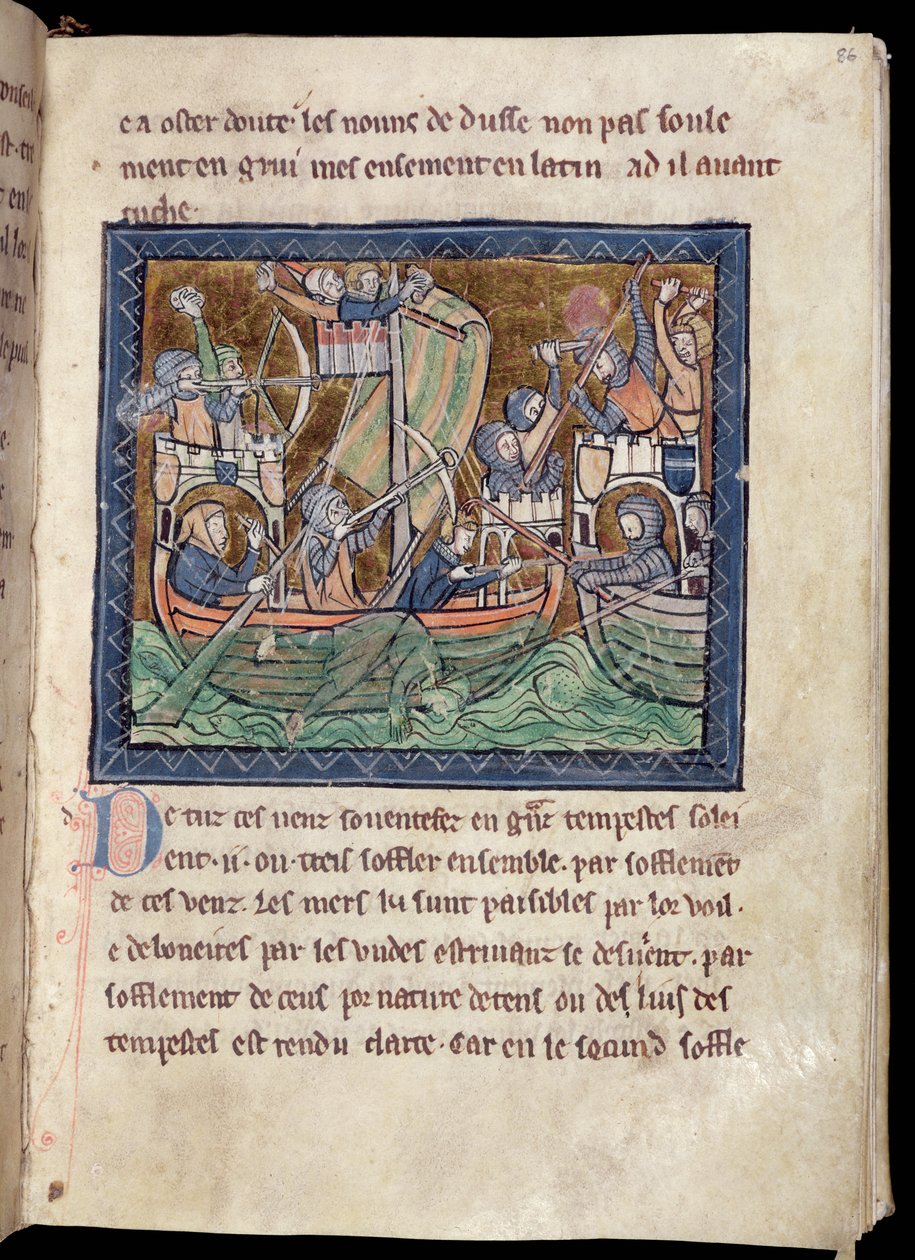 MS Marlay De Re Militari, c.1270'den bir deniz savaşını aydınlatan 1 f.86 sayfa metin ekleyin by French School