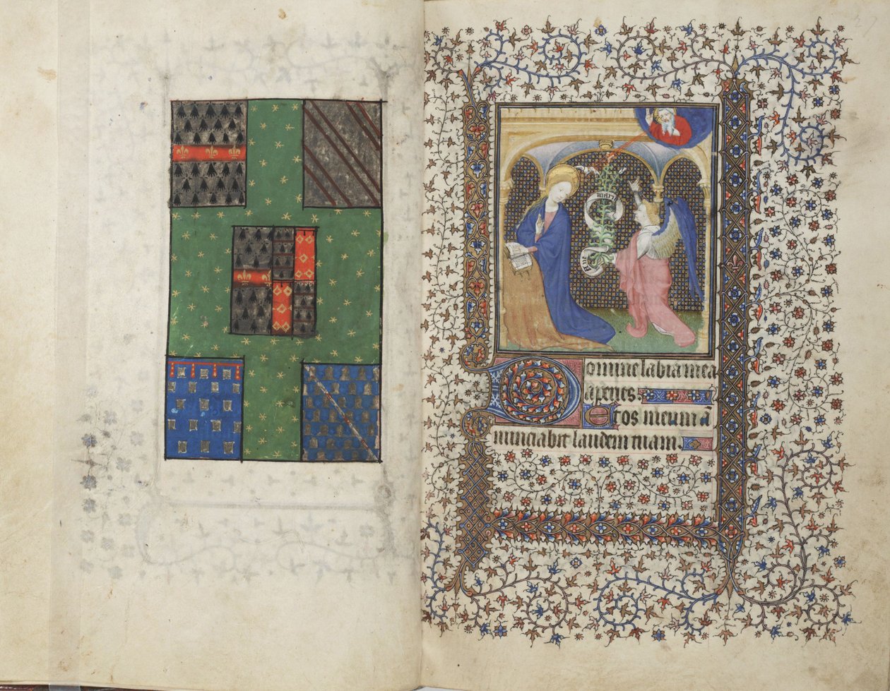 MS Widener 4, ff.26v-27r, Arması ve Müjde, Saatler Kitabından, Rennes kullanımı, c.1405 (parşömen üzerinde kalem ve mürekkep ve tempera) by French School