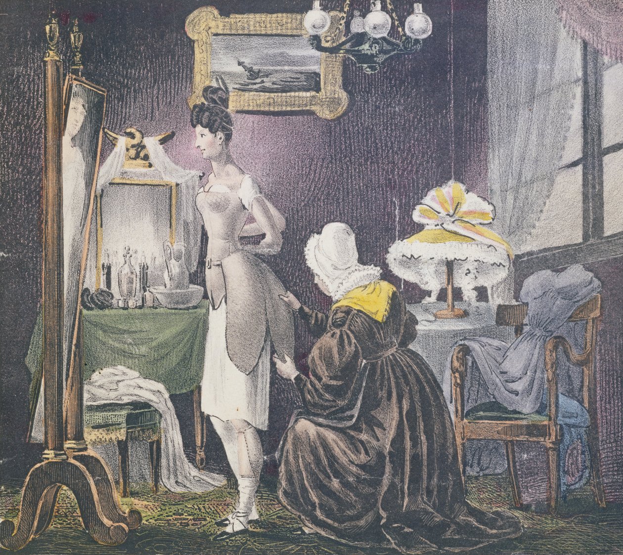 Göğüsleri ve poposu için dolgu giydirmek için metresine yardım eden hizmetçi, 1830 dolayları by French School