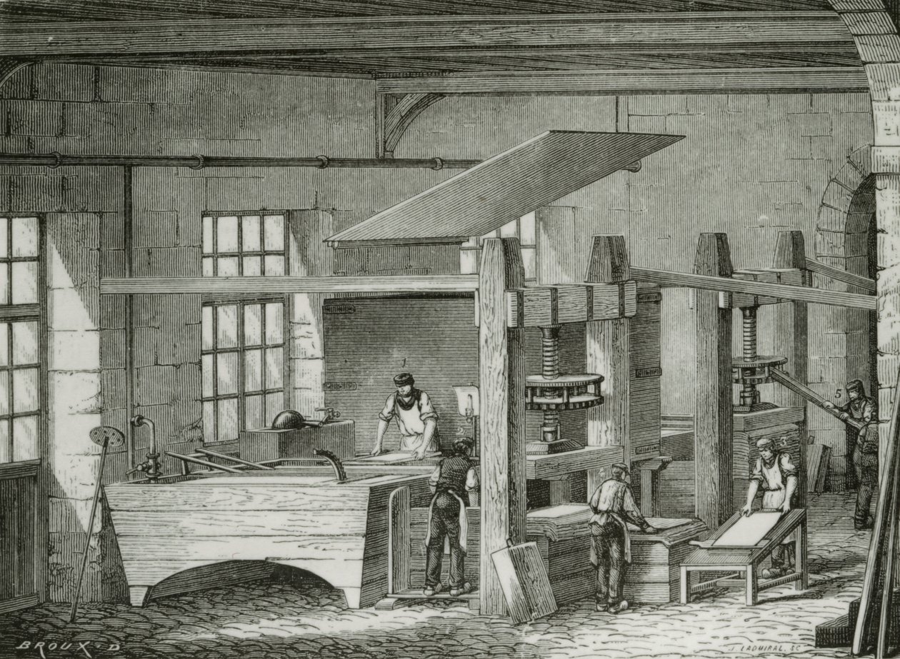 Hamuru formlarda eleyerek elle kağıt yapmak. gravür c1870. by French School