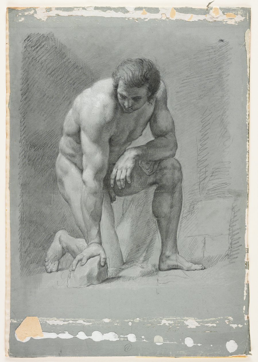 Erkek Akademisi, Diz Çökmüş, Bir Kayanın Üzerinde Öne Eğilmiş, 18. yüzyılın sonları (beyaz kabartmalı siyah tebeşir) by French School