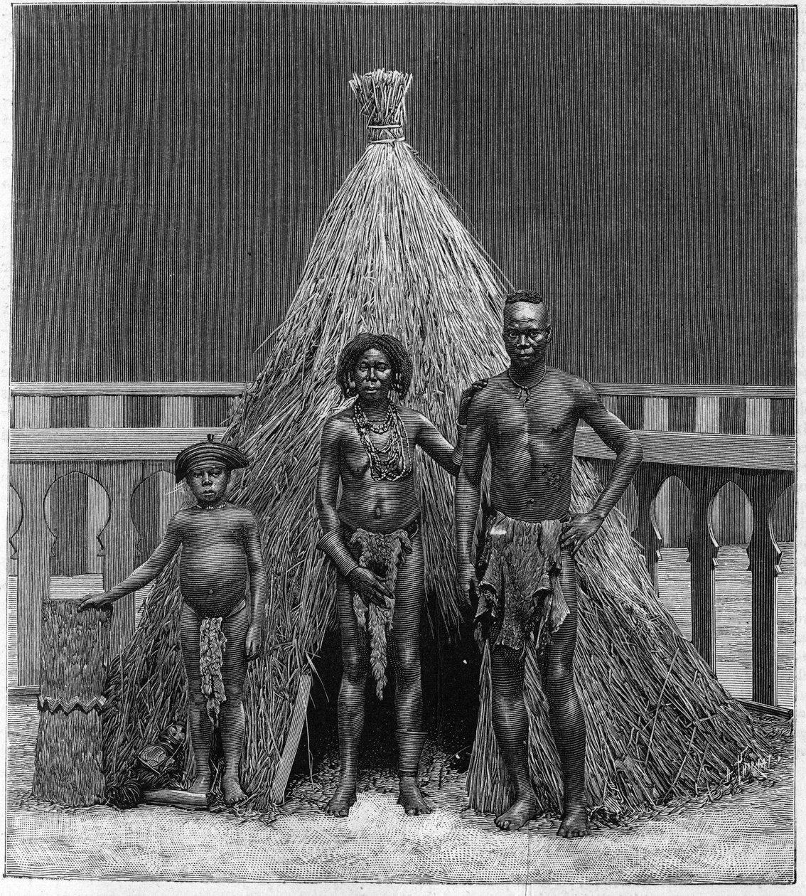 Angola grubunun erkek, kadın ve çocuğu, 1889 Dünya Sergisi (İnsan Hayvanat Bahçesi) sırasında Paris
