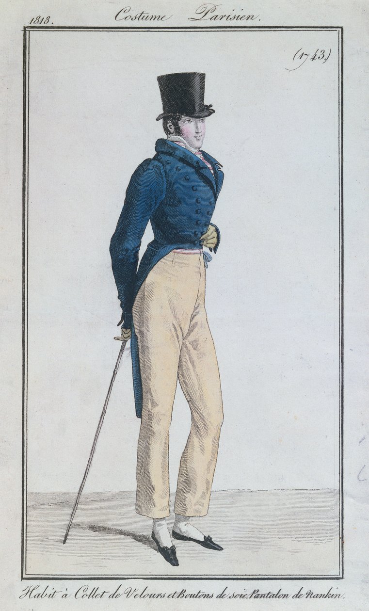 Kadife yakalı, ipek düğmeli ve nankeen pantolonlu erkek takım elbise, 1816 by French School