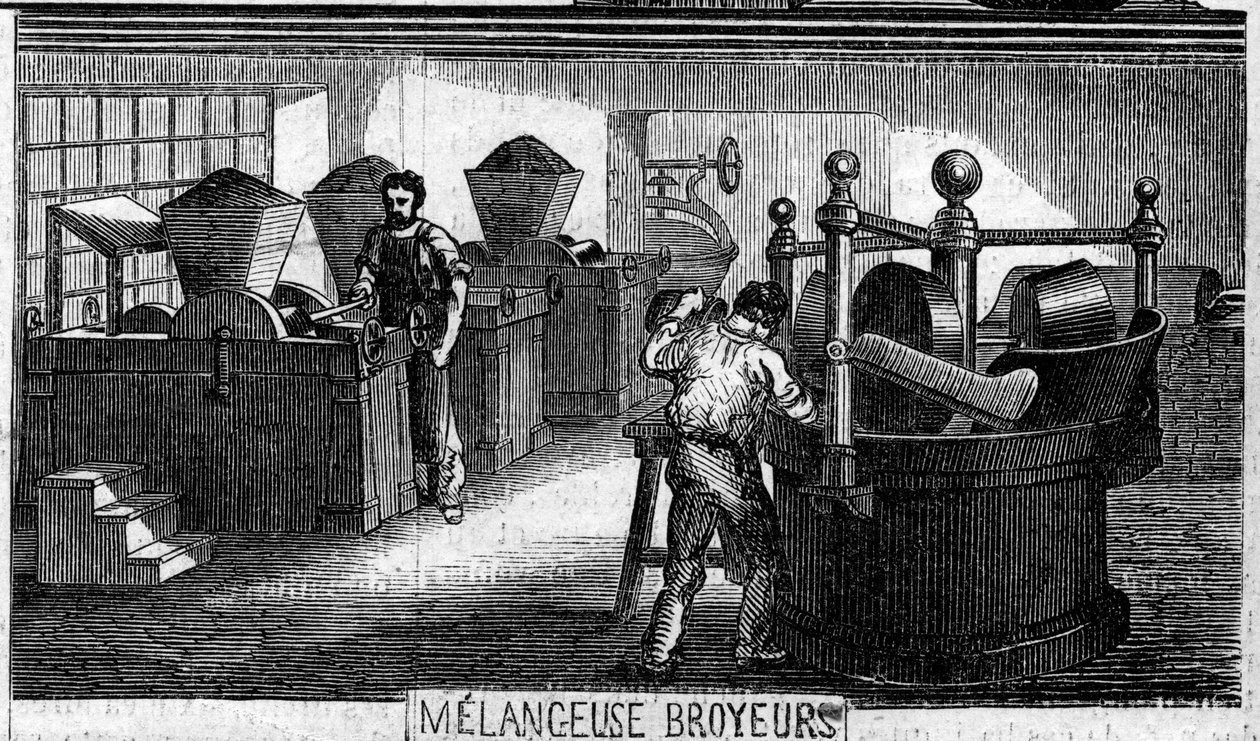 Çikolata imalatı: karıştırma ve öğütme makineleri. M. Masson Fabrikası, Paris by French School