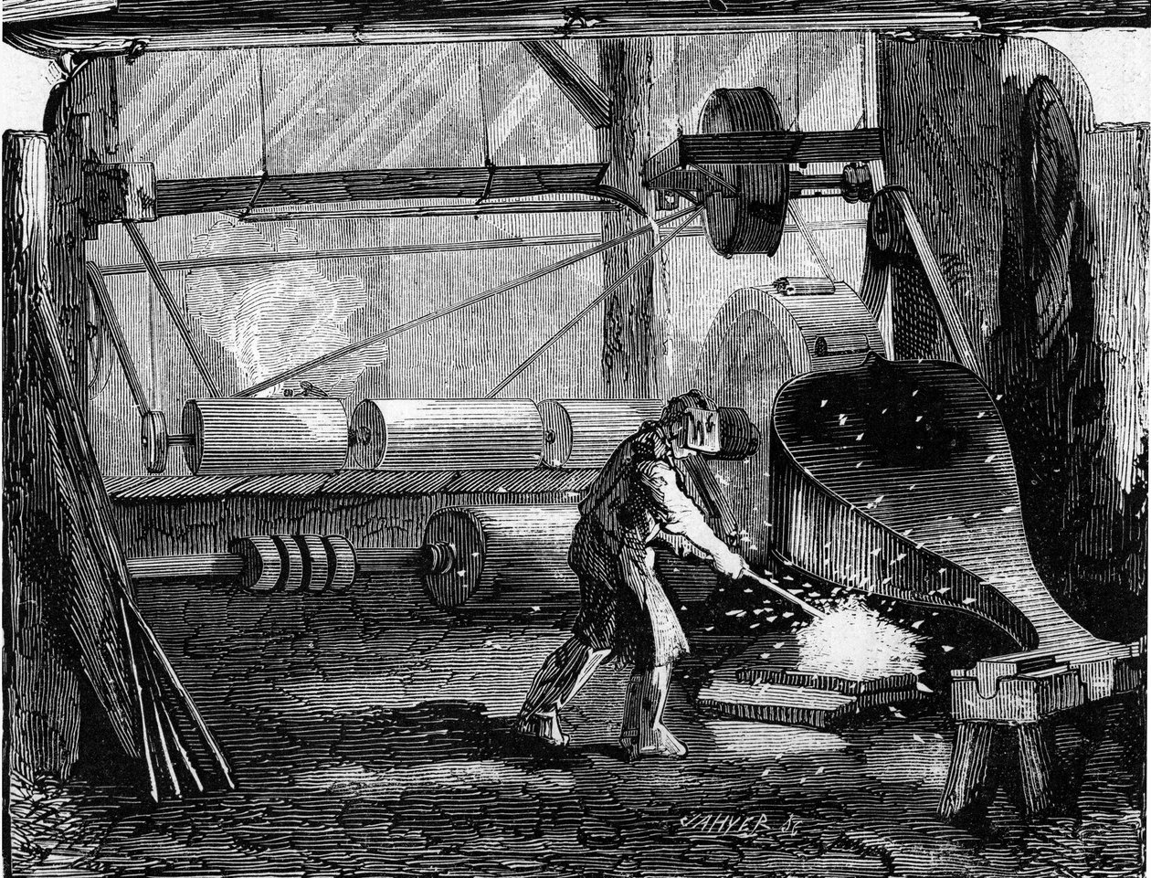 Tüfek toplarının imalatı: Demir şeritler kırmızı boştur. 12 Aralık 1857 tarihli “” Le Monde Illustré”” n°35
