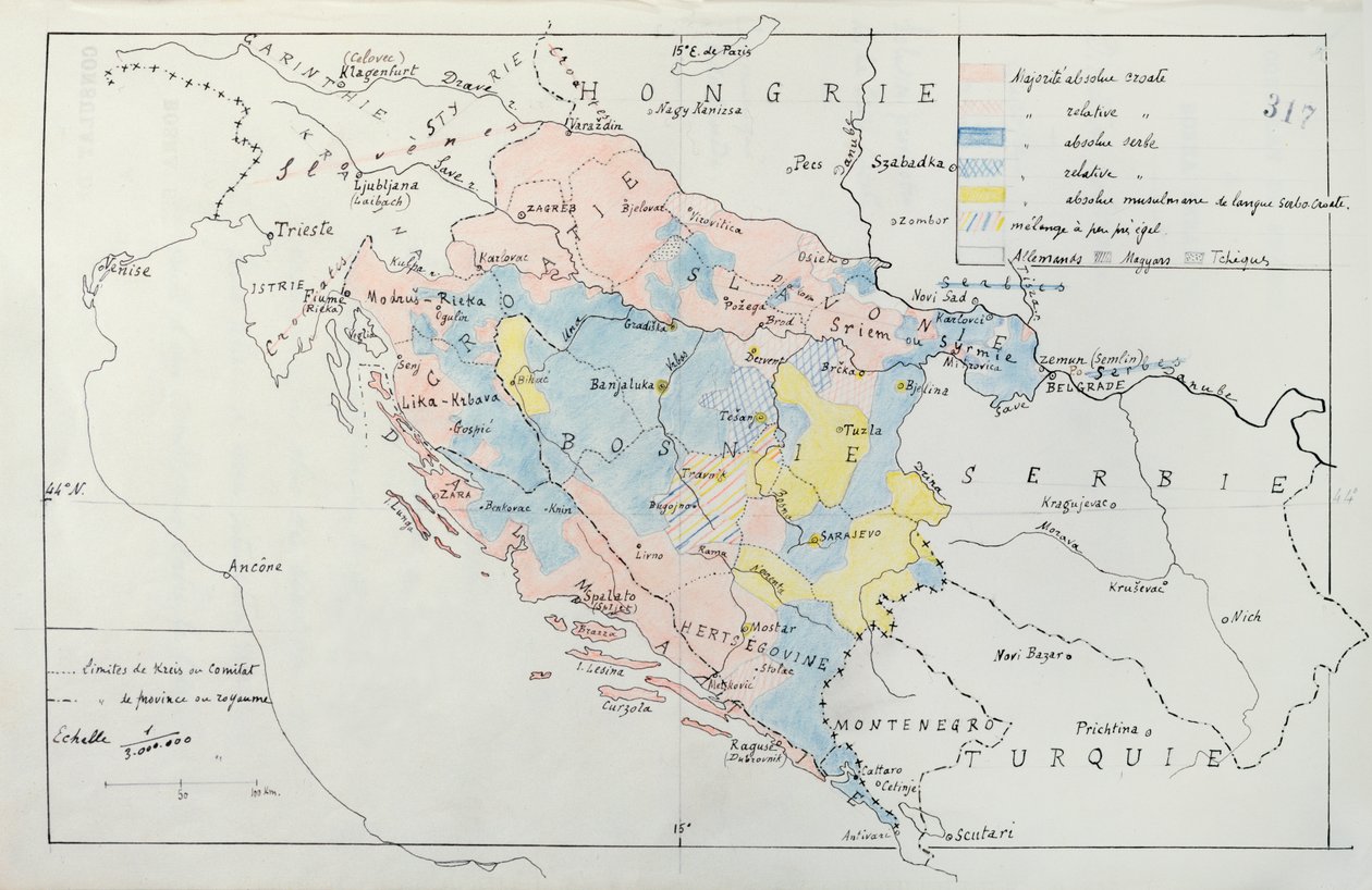 Azınlık etnik gruplar tarafından işgal edilen alanların ayrıntılarını içeren Bosna Haritası, 1910 (kalem, mürekkep ve tuvalet) by French School