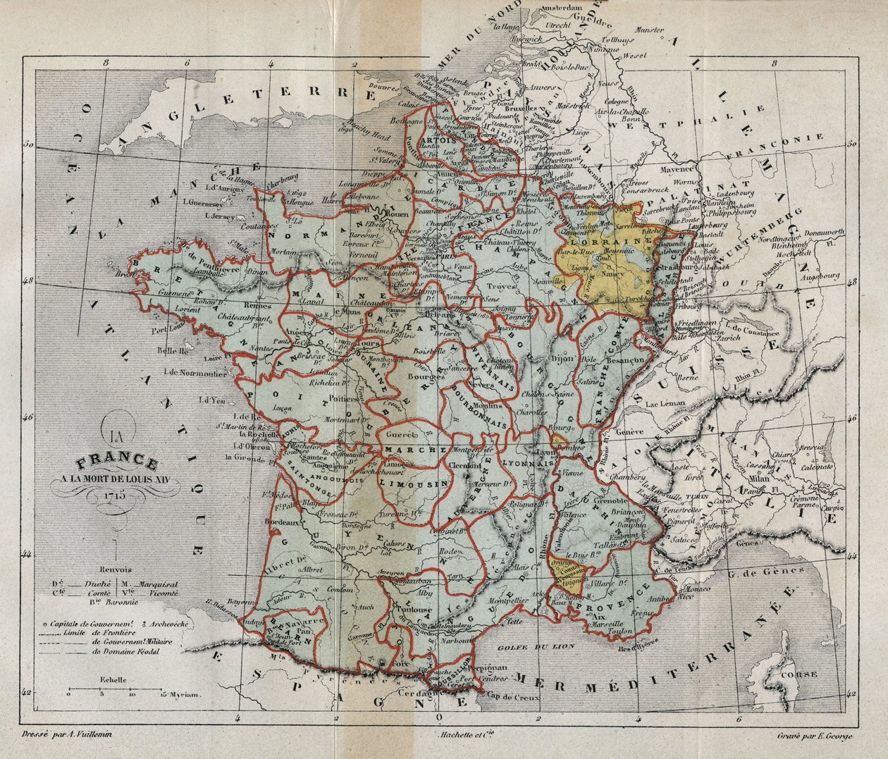 Louis XIV'in 1715'te ölümüyle ilgili Fransa haritası - Plan de La france a la mort de Louis XIV en 1715 - Victor Duruy (1811-1894) - 1882 tarafından “” Histoire de France”da gravür by French School