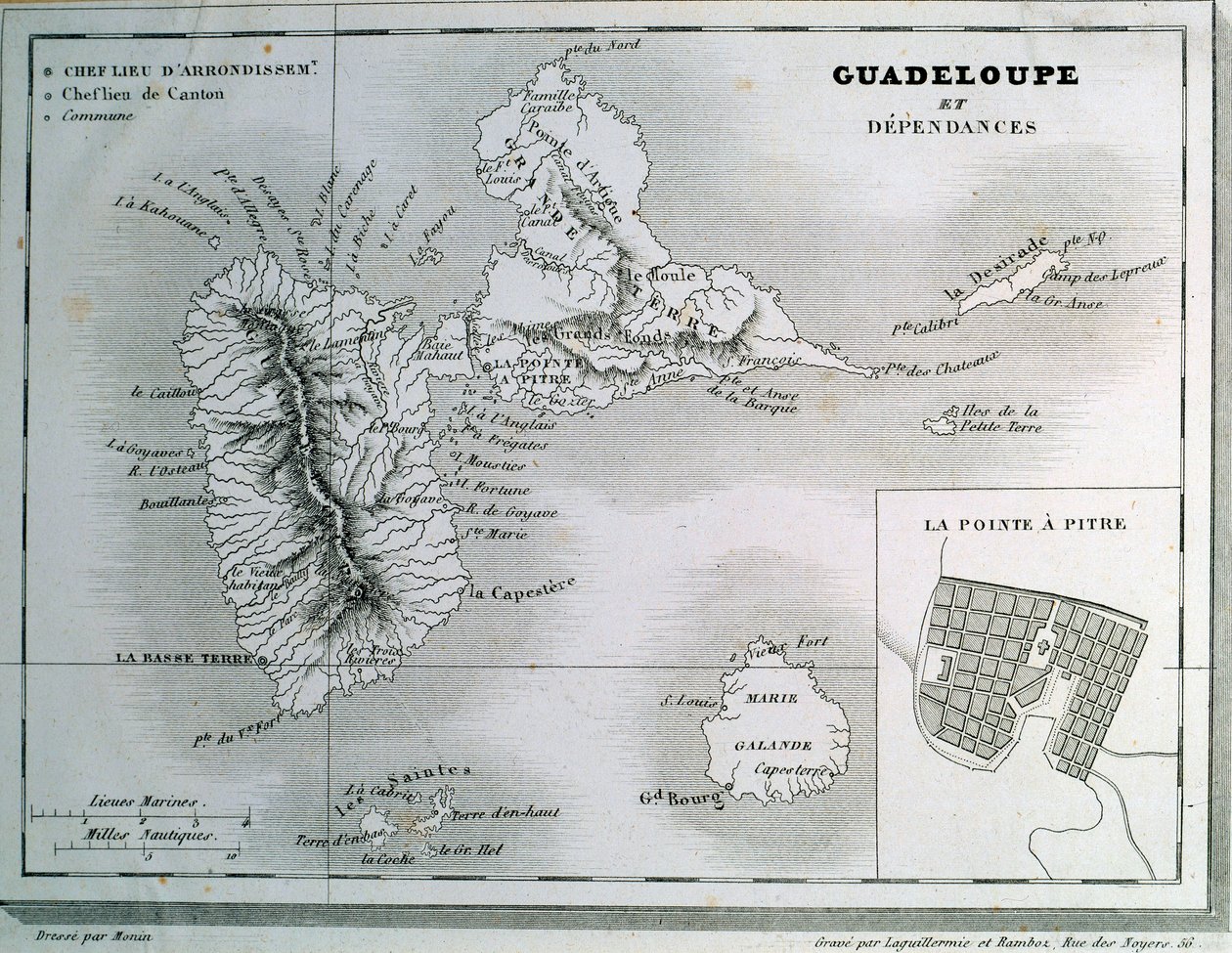 Guadeloupe haritası ve bağımlılıkları. 19. yüzyılın gravürü. Chartres, Güzel Sanatlar Müzesi by French School