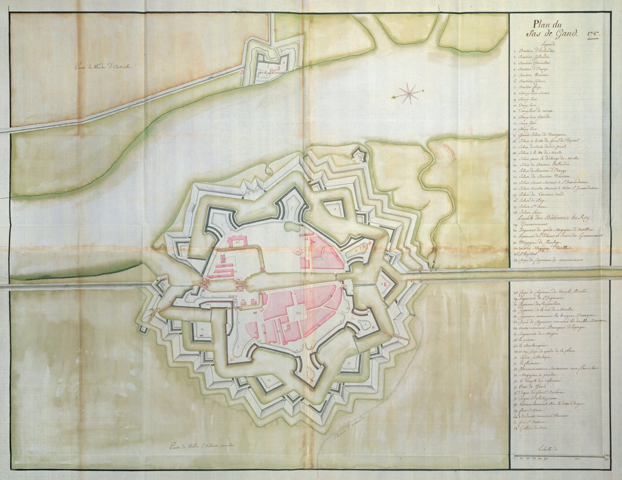 Sas van Gent haritası, Hollanda, 1747 (kağıt üzerinde kalem, mürekkep ve wc) by French School