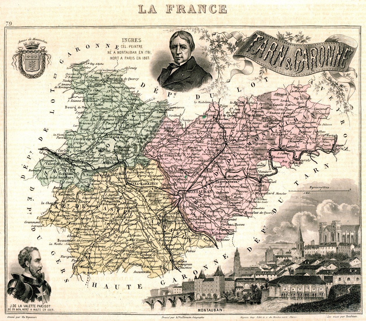 Montauban manzaralı Tarn-et-Garonne Haritası ve Ingres ve Jean Parisot de La Valette portreleri (renkli taş) by French School