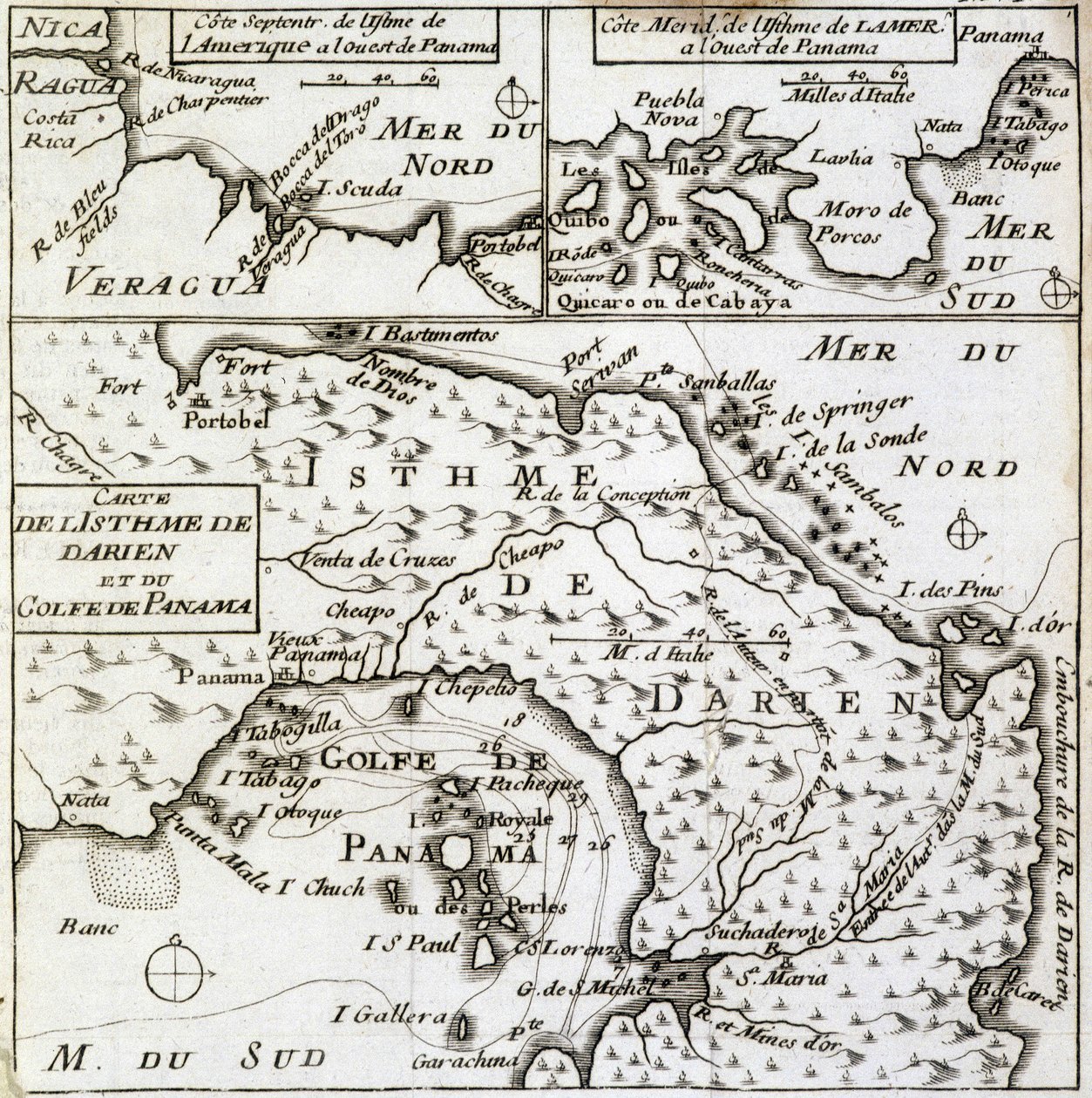 Guillaume Dampier'in (William Dampier) "Dünyada Yeni Yolculuk"ta Darien Kıstağı ve Panama Körfezi Haritası by French School