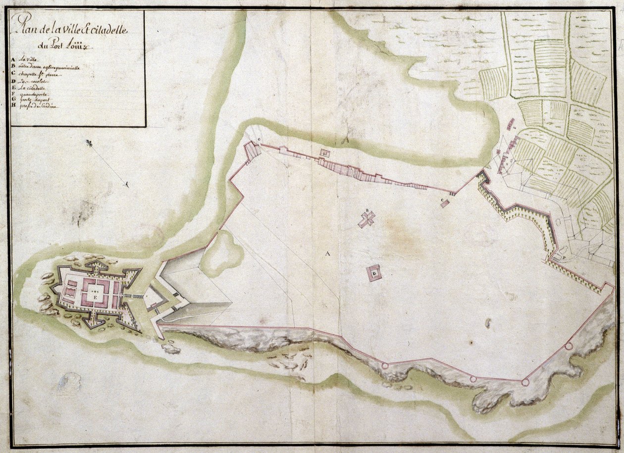 Şehir haritası ve Port Louis kalesi by French School