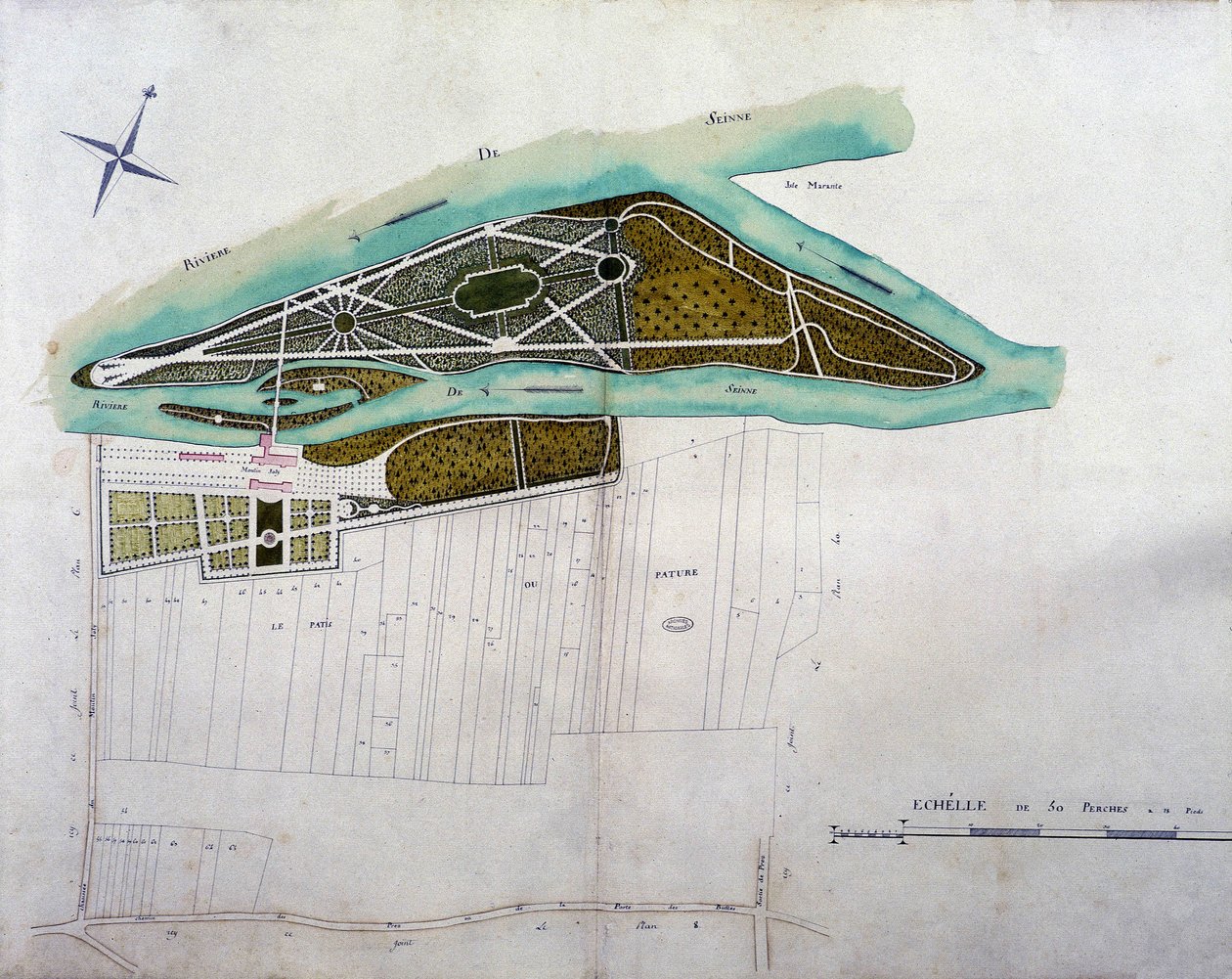 Moulin Joly bahçesinin haritası. Ulusal Arşivlerde korunan Colombes bölgesinin (1780) planlarının atlasının plakası. by French School