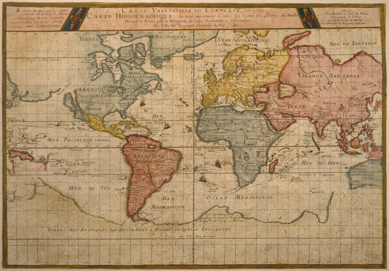 Dünya ticaret nakliye rotalarını gösteren harita, 1686