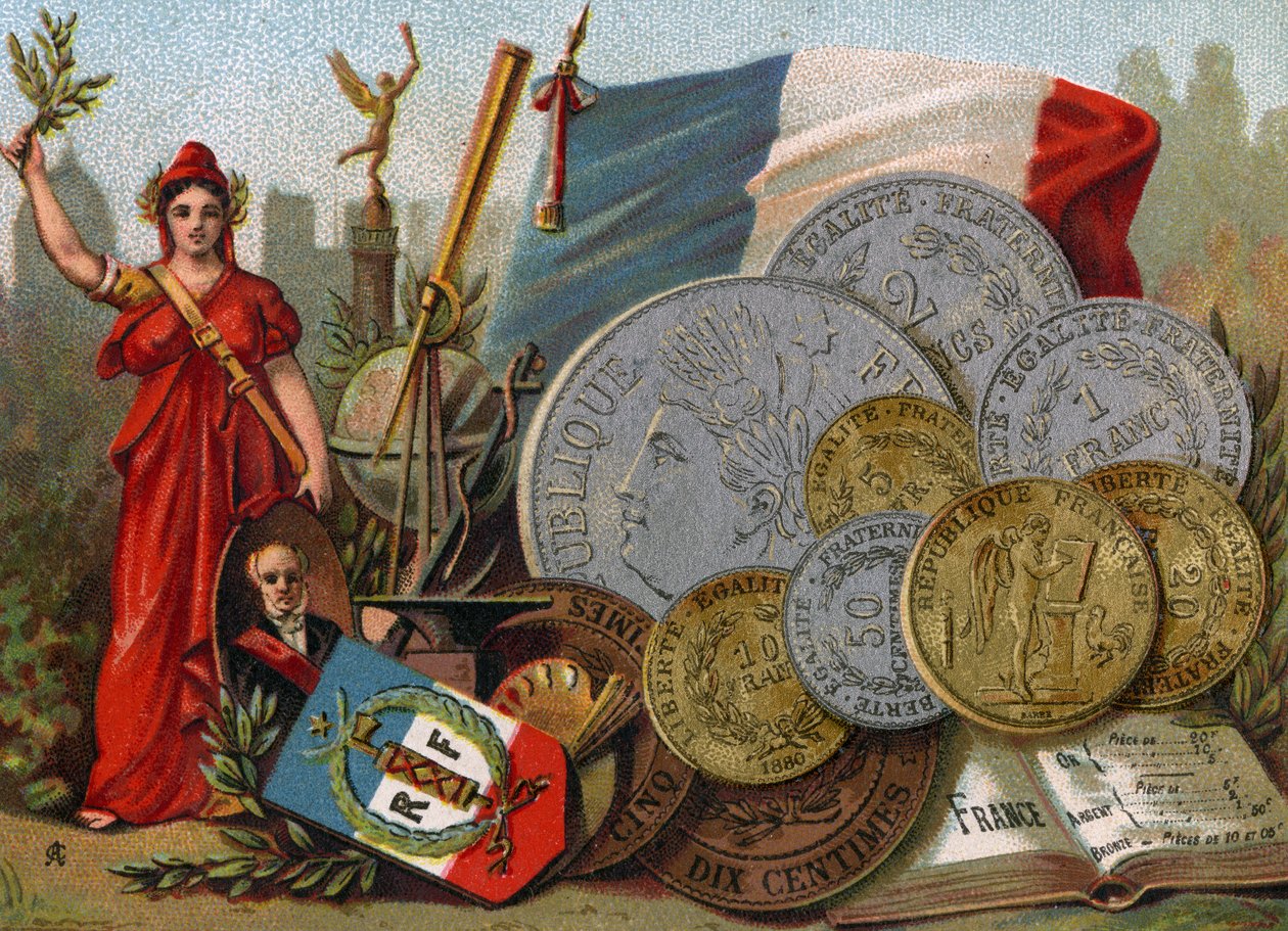 Fransız Tricolore bayrağının yanında Marianne, bir küre ve teleskop ve bir franklık bir görüntü, 1890 dolayları by French School