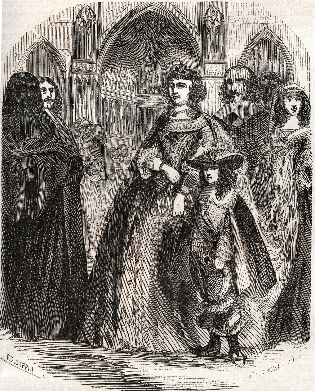Marie de Medici (1573-1642), Fransa kraliçesi ve krallığın naibi oğlu Louis XIII ile Notre-Dame de Paris'e gidiyor - L.-P'nin “Histoire de France” da. Anquetil by French School