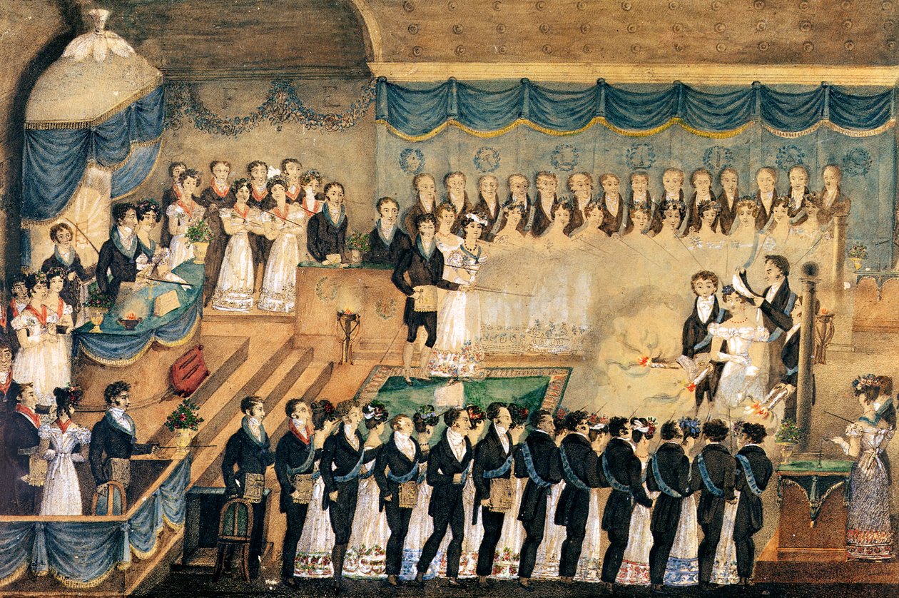 Mason bir hanımefendinin Masonik İnisiyasyon Töreni, 19. yüzyıl başı (kağıt üzerinde wc) by French School