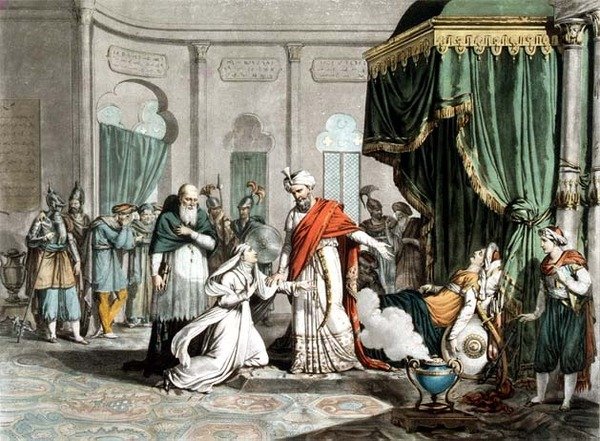 Mathilda, Saladin'den Pierre Michel Alix (1762-1817) tarafından oyulmuş Malek-Adhel'in cesedini istiyor (gravür) by French School