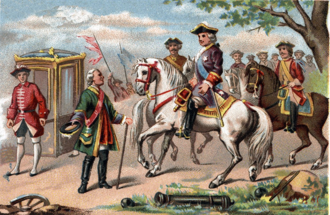 Fontenoy savaşında galip gelen Saksonyalı Maurice (1696-1750), Fransa kralı XV. Louis (1710-1774) ile karşılaştı. 1890 civarında kromolitografi. by French School