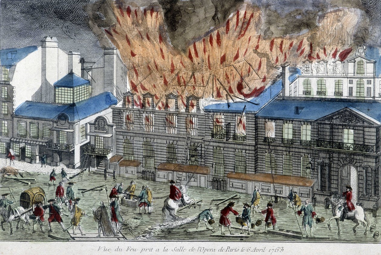 1763'te Paris operasının ateşini söndürmeye çalışan adamlar. by French School
