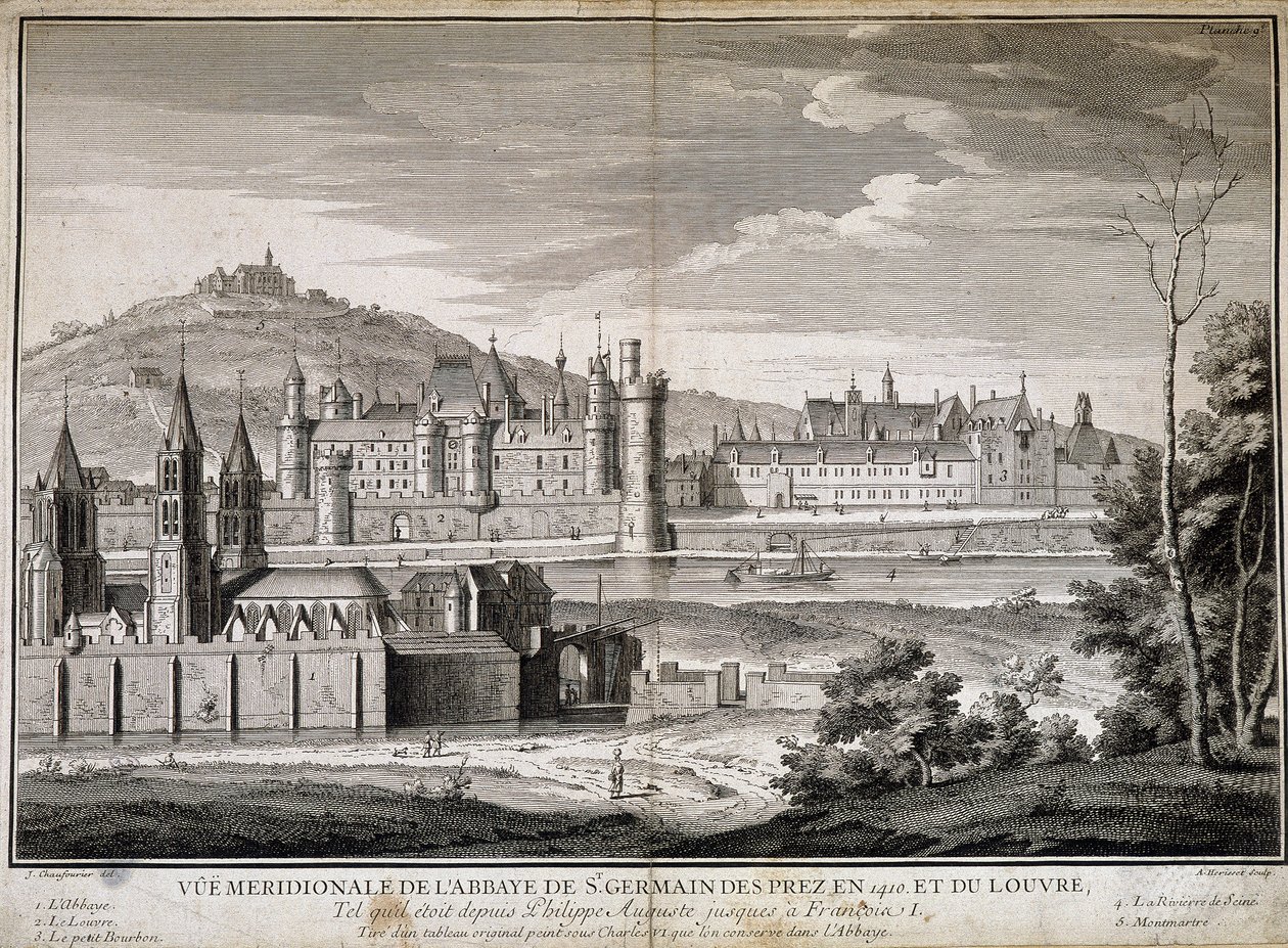 1410 yılında Saint Germain des Pres ve Louvre manastırının meridyen görünümü - gravür by French School
