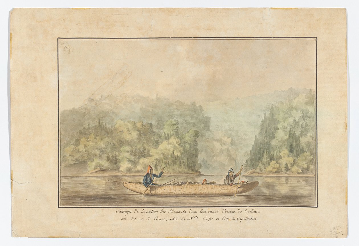 Micmacks, huş kabuğu kanolarında; Cape Breton adasında Nova Scotia arasındaki Canso Boğazı by French School