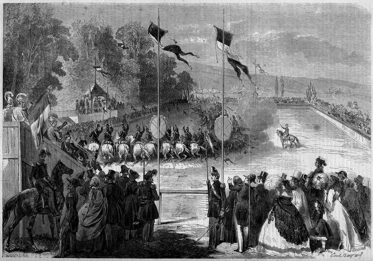 Saint Cyr (Saint-Cyr) öğrencileri tarafından yürütülen askeri atlıkarınca. Morbihan (56), 31 Ağustos 1861. 7 Eylül 1861 tarihli “” Le Monde Illustré” n°230