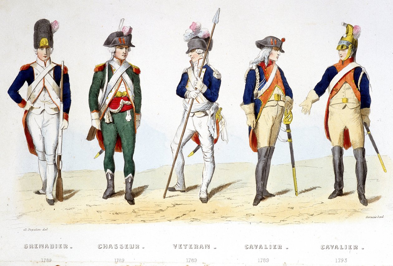 1789 devrimi altında askeri üniforma: grenadier (1789), avcı (1789), kıdemli (1789), süvari (1789), süvari (1793) - “Fasttes de Gardes nationales de France” da by French School