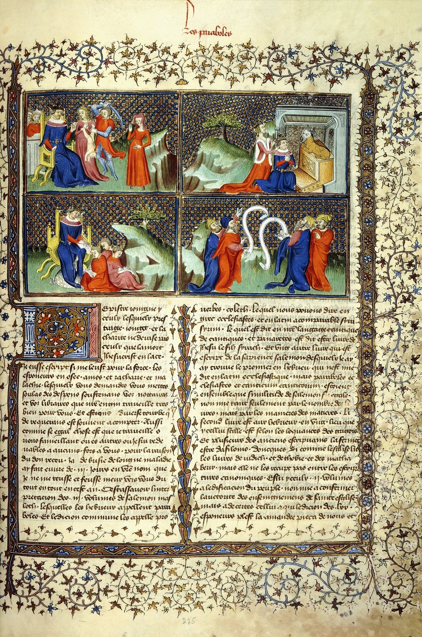 Annelerin Yargısını, Seba Kraliçesinin Gelişini, Süleyman Öğretisini ve Doktorların Tartışmasını gösteren minyatür, c.1410 by French School