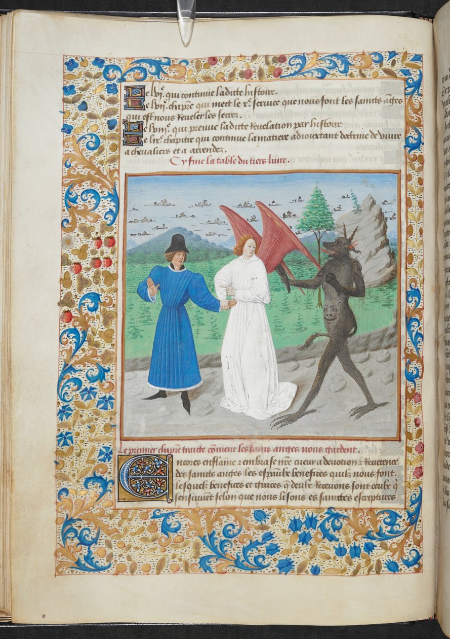 Koruyucu meleği ve şeytanı olan bir adamın minyatürü Sloane MS 3049 f. 27, yak. 1480 (parşömen) by French School