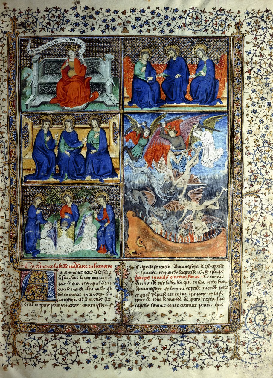 Yaratılıştan önce Cennetin Krallığını temsil eden minyatür: Sapientia, Trinity ve Lucifer