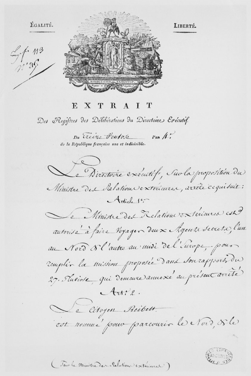 Dışişleri Bakanlığı, iki gizli ajan adaylığı, 1796 (kağıt üzerine mürekkep) by French School