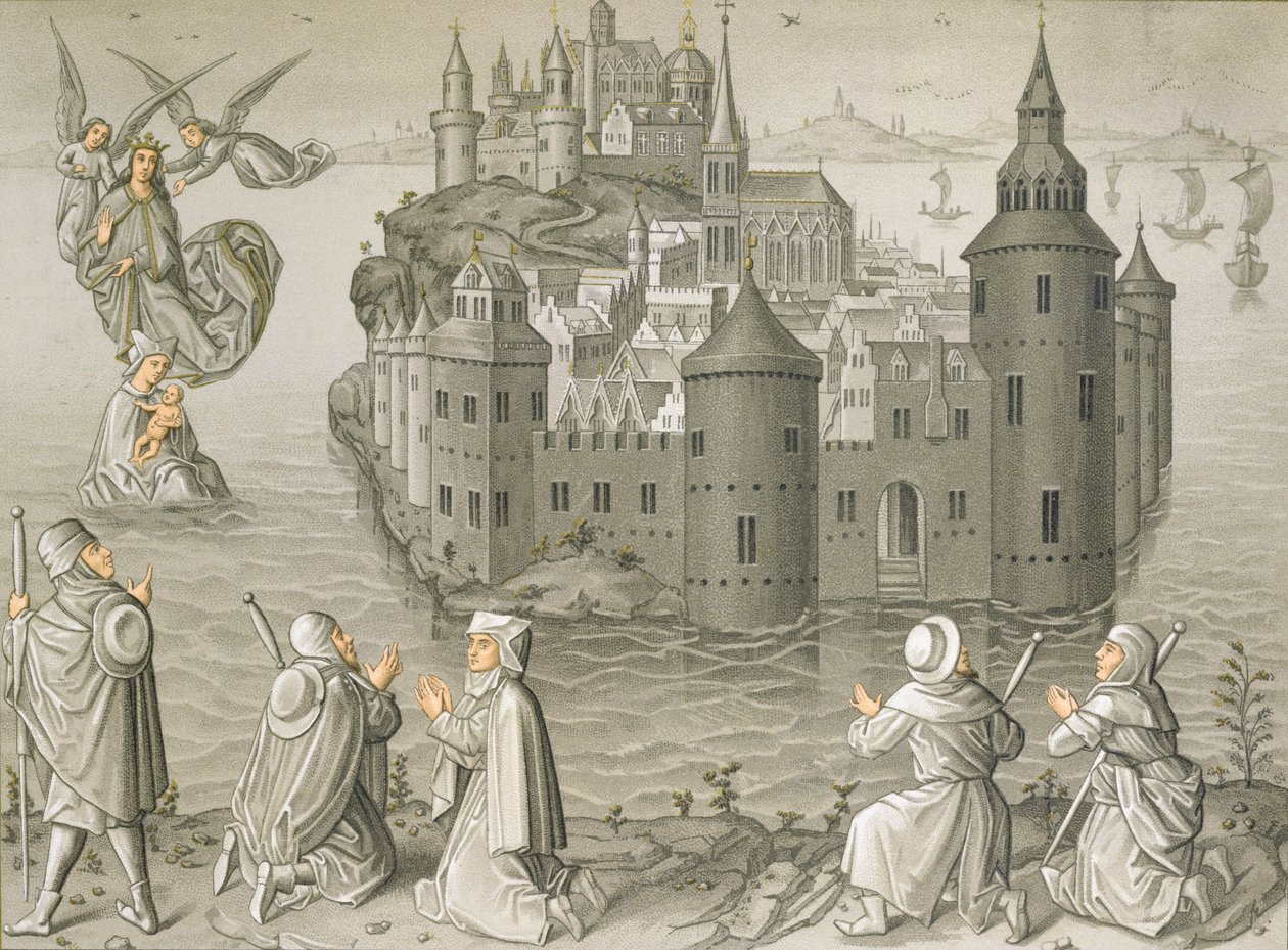 Meryem Ana'nın Mont Saint-Michel'deki hacıları kurtarma mucizesi by French School