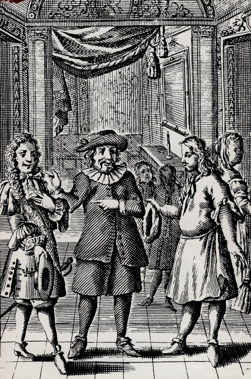 Cimri, Moliere'in çalışmasından gravür, Jean-Baptiste Poquelin'in takma adı (1622-1673) - Moliere L'Avare'nin sahne de la parçası - 1740'a kadar gravür by French School
