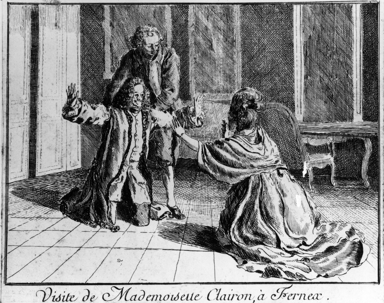 Bayan Clairon (Matmazel Clairon Josephe Leris de La Ttude dit Mademoiselle Clairon (1723 -1803) Fransız aktris, Ferney a Voltaire Gravür 18. yüzyılı ziyaret etti. by French School