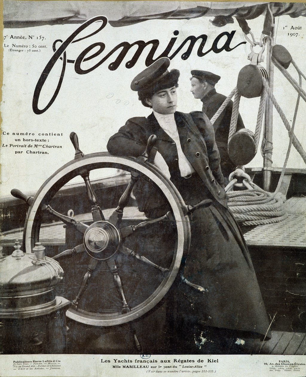 Miss Mabilleau, 01/08/1907 tarihli Kiel regatta “” Louise-Alice””” yatının köprüsünde - “” Femina”da by French School