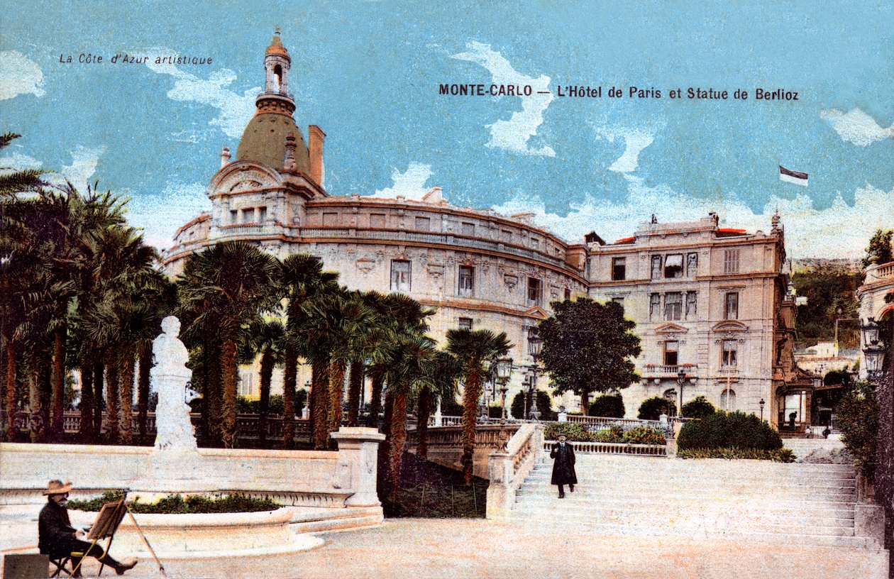 Monte-Carlo, Hotel de Paris ve Berlioz heykeli - yirminci yüzyılın başlarından itibaren renklendirilmiş kartpostal by French School