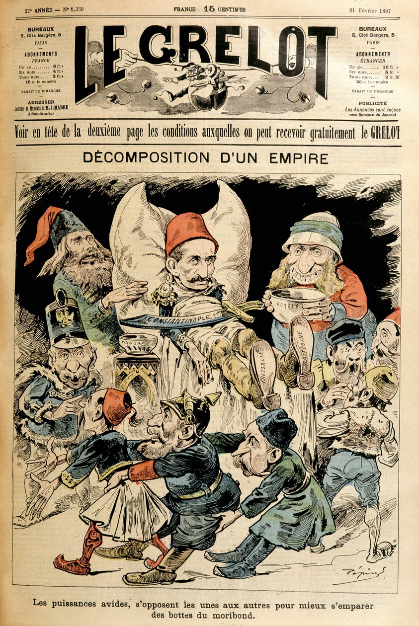 Can çekişen Türkiye ve onun çizmeleri için savaşan yabancı güçler, 21/2/1897 tarihli “Le Grelot”u konu alıyor. by French School