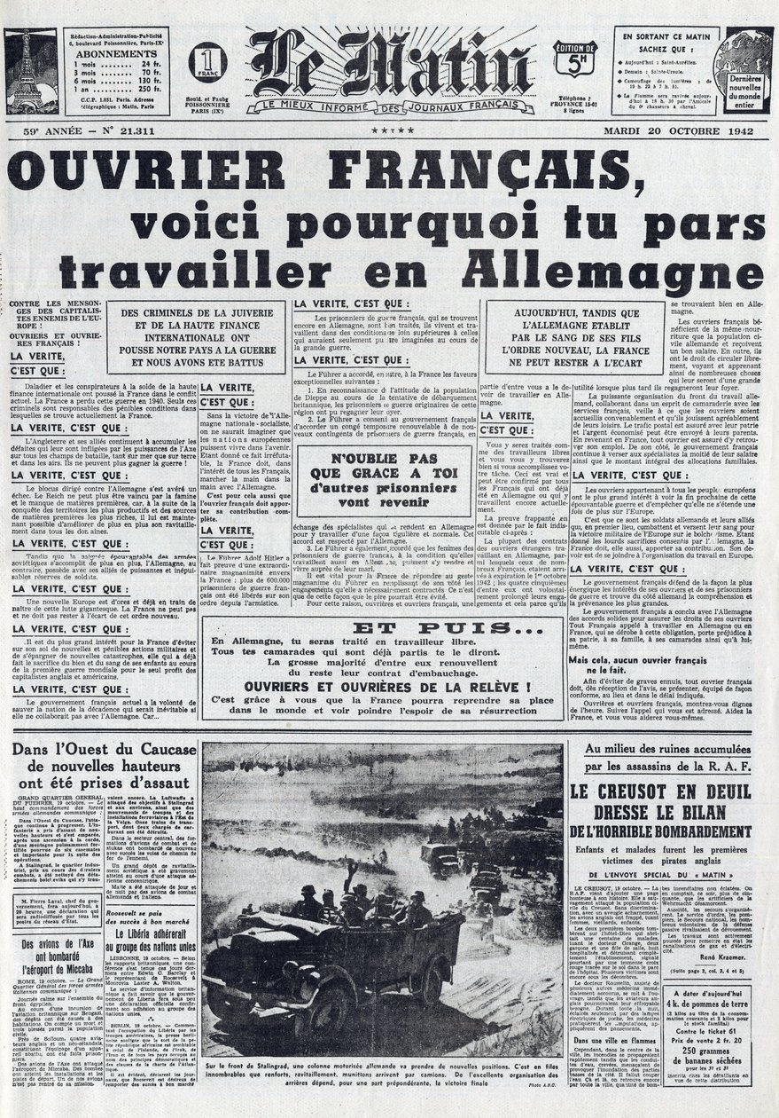 20 Ekim 1942 tarihli Sabah Gazetesi No. 21311: Sto - Zorunlu Çalışma Hizmeti - Almanya