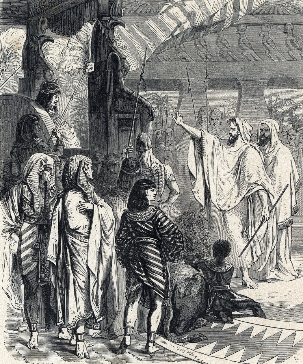 Musa ve Harun firavunu ziyaret ediyor (Musa ve Harun firavunu ziyaret ediyor) Lahure'nin 'Kutsal Tarih'inden gravür 19. yüzyıl by French School