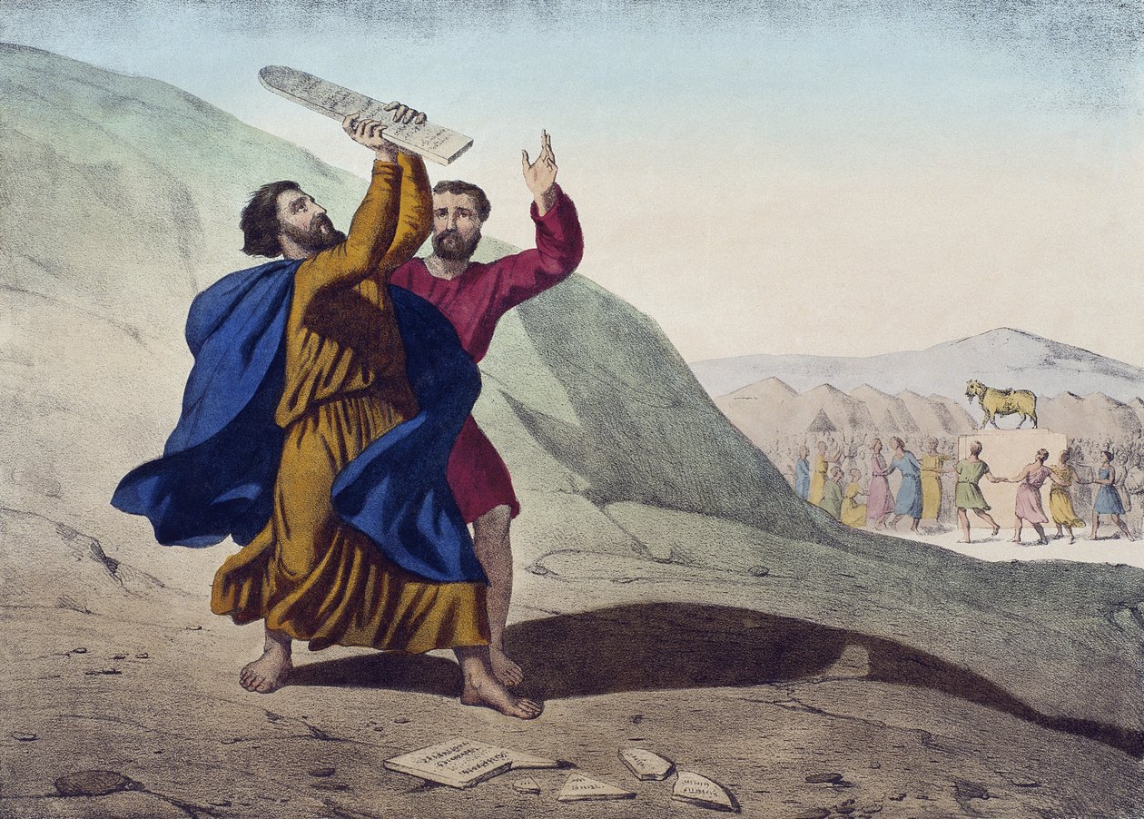 Musa, Yasa Tabletlerini ve Altın Buzağının Tapınmasını Kırıyor, LHistoire Sainte ilmihalinden bir örnek, Charles Delagrave tarafından yayınlandı, Paris, 19. yüzyıl by French School
