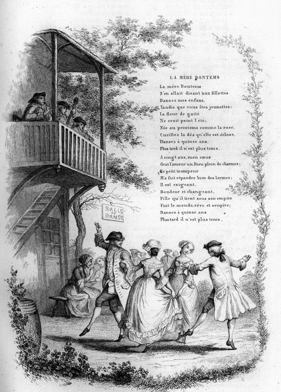 Ana Bontemler (Bontemps). Balkonda müzisyenler ile bir köyde genç çiftlerin dansı. “” Chants et chansons populaire de la France”, Cilt 2