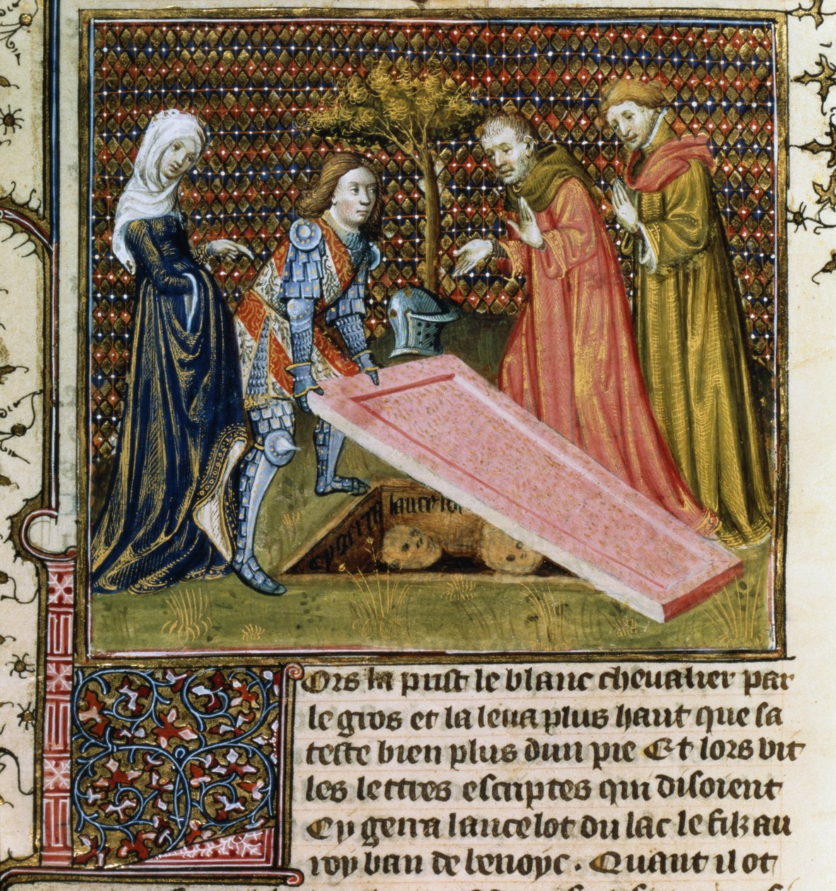 Bayan Fr.118 f.190 Lancelot, önceden belirlenmiş mezarından taşı kaldırır ve Livre de Messire Lancelot du Lac