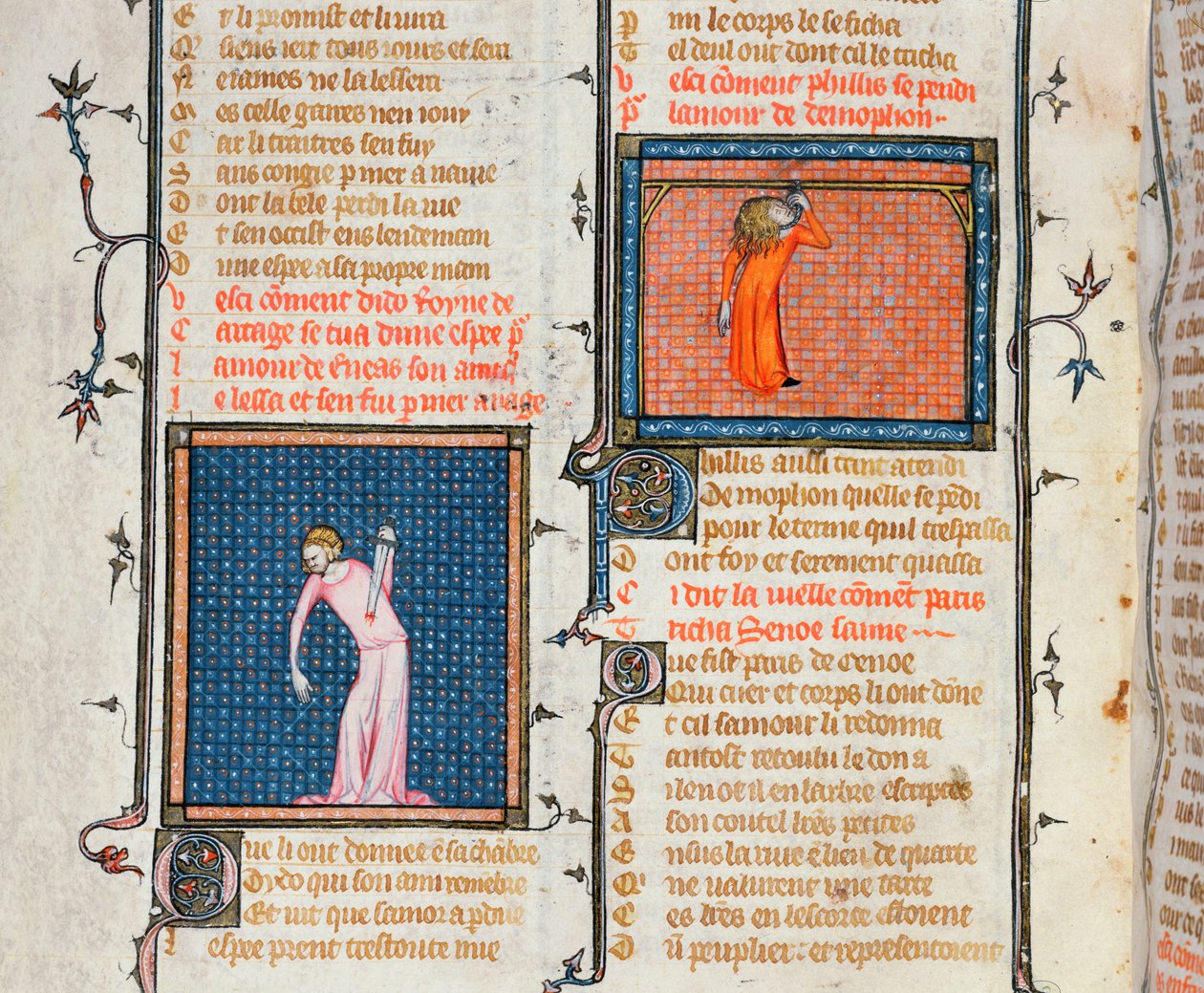 Ms 1126 Dido'nun kılıçla intiharı ve Phyllis'in asılarak intiharı, Guillaume de Loris ve Jean de Meung tarafından yazılan Le Roman de la Rose'dan, c.1360-70 by French School